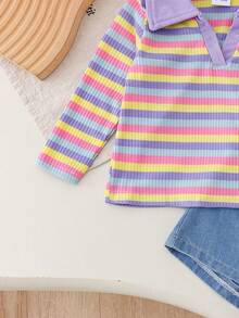 2pcs Baby Girl Cute Dopamine Style Colorful Striped Polo Collar Long Sleeve Top With Floral Applique Denim Skort Set, Spring/Autumn - Purple - View 5