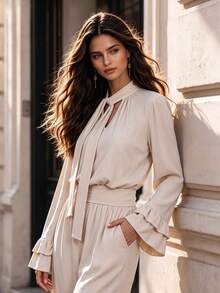 Fall Vintage Apricot Tie Neck Blouse, Elegant Cutout Ruffle Long Sleeve Shirt, Flowy Elegant Top For Fall Winter - Apricot - View 6