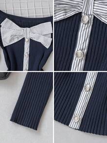 Sweet Y2K Striped Bow Off Shoulder Rib Knit Top,Women Long Sleeve Slim Sweater For Summer Vacation Mother's Day Casual Party - Navy - View 7