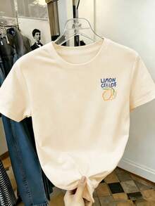 Teen Girls Summer Casual Lemon Print Round Neck Short Sleeve T-Shirt, Suitable For Girls And Children - Fresh Lemon Art Style, Inspires Imagination And Self-Expression! Teen Girls Graphic T-Shirt, Summer Top - Apricot - View 4