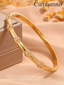 Camhanno 3/1pc Copper Material, Gold Inlaid Diamond Bracelet, Women's Light Luxury Bamboo Knot Twisted Pattern Design, High-End Feeling, Layered Bracelet - Gold - View 7