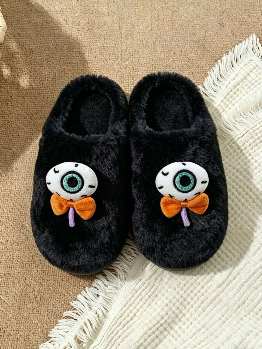 Women Halloween Cute 3D Eye & Bow Decor Fluffy Plush Slippers, Soft Warm Non‑Slip Flat Indoor Home Shoes,Slip-On Design, Quick To Put On And Take Off - Black - View 1