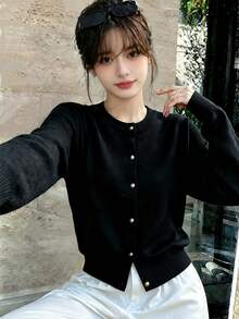 Slouchy Commute Vibe Best-Selling All-Match Women's Round Neck Knit Cardigan, Daily Versatile Slimming Single-Breasted Thin Layering Outerwear Fall Black - Black - View 2