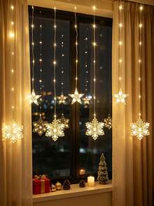 Hanging Star & Snowflake Curtain Lights, Snowflake Shaped LED Window Lights, AA Battery Powered Snowflake Fairy String Lights, Christmas Indoor Wall Backdrop Holiday Celebration Decor Lights, Warm White LED Christmas Star Lights - Transparent-stars+Snowflakes - View 4