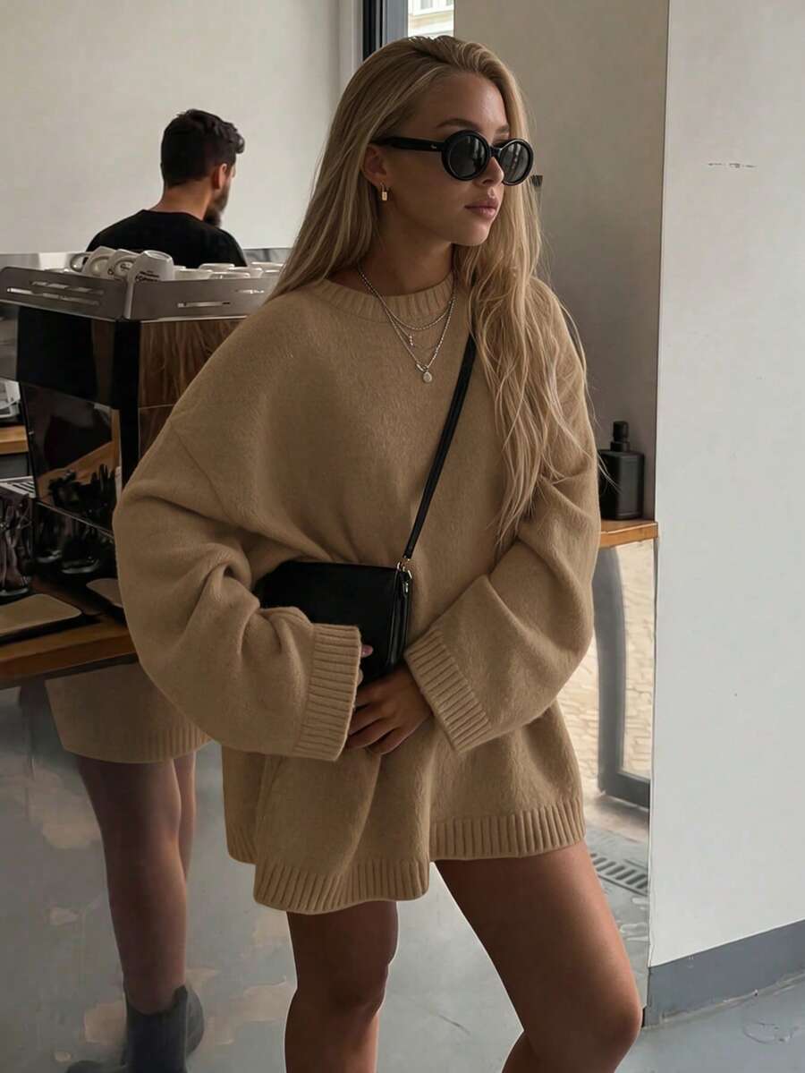 Women's New Minimalist Versatile Casual Drop Shoulder Long Sleeve Sweater - Deep Camel - View 1
