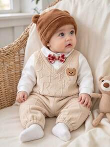 Autumn New Baby Boys Letter Embossed Gentleman Style Lapel Long Sleeve Shirt 2 In 1 Bowknot Apricot Jumpsuit With Pants Set, Easy To Put On And Take Off, Versatile Crawler Outfit - Apricot - View 1