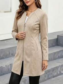 Vintage Elegant Autumn/Winter Women's New Long Sleeve Mid-Length Jacket, Minimalist High-End, Suitable For Daily Commute Wear - Apricot - View 4