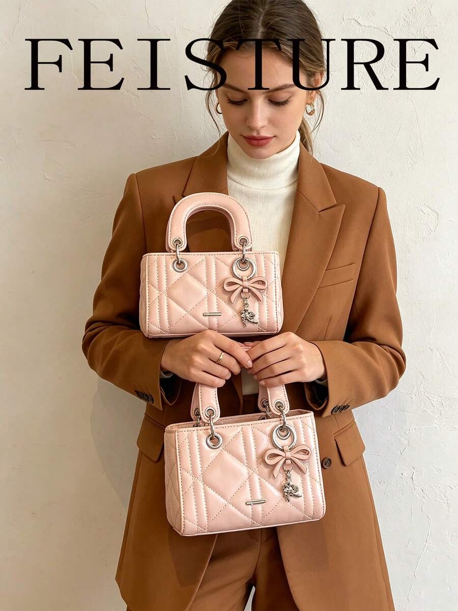 FEISTURE Women's Quilted Solid Color Handbag, Fashionable Shoulder Crossbody Bag With Bow Pendant, Suitable For Ladies, Work, School, Purse, Casual