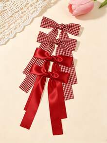 4pcs/Set Women's Solid Color Satin With Striped Plaid Ribbon Bow Hair Clips, Minimalist Style, Suitable For Daily Wear And Outings - Multicolor - View 3