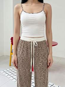 Joivida 2pcs Sexy Camisole Top + Leopard Print Pants Pajama Set - White - View 8