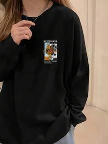 Desain Atasan Wanita Gaya Y2K Generasi Z Terbaru Musim Gugur/Dingin, Motif Bunga, Leher Bulat, Lengan Panjang - Hitam - View 4