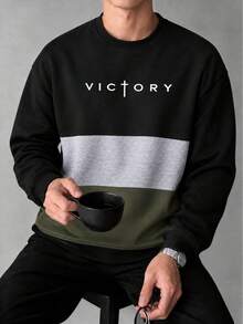 男士拼接圓領運動衫 VICTORY 字母印花拼色橫條紋寬鬆休閒套頭上衣 - 黑色 - 查看 4