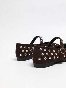 Sweet Cool Light Punk Suede Rivet Mary Jane Flat Shoes, Spring Autumn Commute Shopping Date Campus Outfit For Women - Brown - View 5
