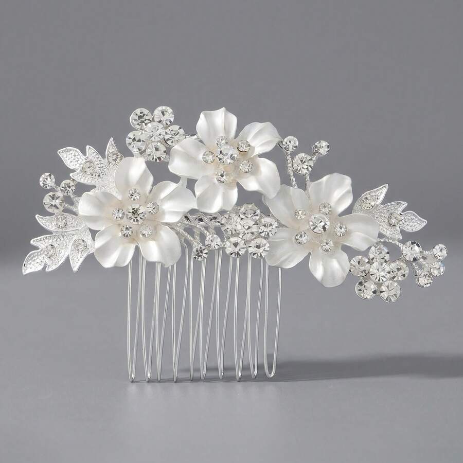 Bridal Floral Rhinestone Hair Comb, Alloy Material 3D White Flower Embellished Hair Comb, Elegant Hair Accessory For Wedding Dress And Formal Updo, Gold And Silver Colors Available - Multicolor - View 1