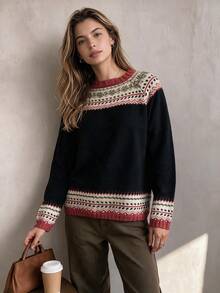 Women's Fashion Long Sleeve Pullover Knit Sweater, Fair Isle Pattern, Essential For Autumn/Winter - Black - View 7