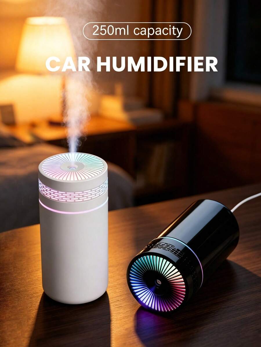 1 Set Black/White Car Humidifier With LED Ambient Light, USB Quiet Aromatherapy Humidifier, Suitable For Essential Oils (5 Fragrance Options), Applicable To Car, Office, Bedroom, Living Room, Study, Plant Room, Car Accessories Decoration, Set Includes 1 Humidifier And 1 Bottle Of Essential Oil, Suitable For All Car Models