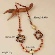 1pc Vintage Boho Long Beaded Necklace For Women, Leopard Print Geometric Pendant, Brown Amber Beads, Statement Sweater Chain, Fall Outfit Jewelry - Multicolor - View 3