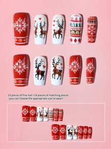 Christmas 24pcs Medium Square Press-On Nails, Featuring Snowflake, Deer, Heart, Christmas Sweater Pattern Design, Acrylic Material, Includes 1 Jelly Glue And 1 Nail File, Suitable For Autumn/Winter Christmas Use - Multicolor - View 5