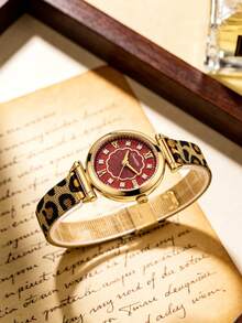 1pc Vintage Round Quartz Watch For Women, Featuring A Golden Alloy Case, A Burgundy Floral Pattern Dial, And An Elegant Leopard-Print Metal Mesh Strap - Red - View 3