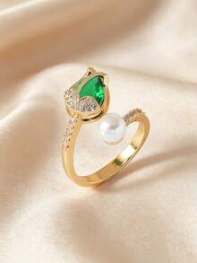 A Stylish Niche Tulip Pearl Teardrop Zirconia Design Women's Ring,Adjustable Open Luxury Ring For Daily Party Banquet Wear,As Gift For Friend/Family - Tulip - View 3