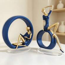 1pc 2D Flat Acrylic Blue & Gold Circle Reading Woman Stand, Luxury Artistic Home Decor For Living Room TV Cabinet, Study Desk, Soft Furnishing, Literary Style Gift - 1PC - View 6