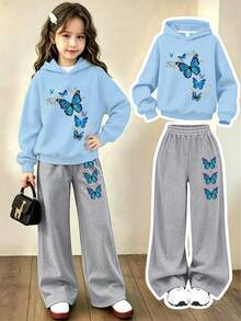 Fashion Street Youth Girl Butterfly Print Hooded Sweatshirt With Printed Loose Pants, 2-Piece Set For Autumn/Winter - Baby Blue - View 1