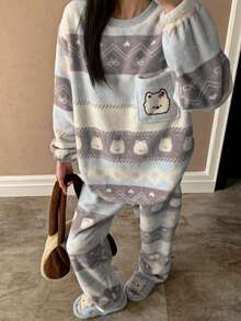 2pcs/Set Women's Autumn/Winter Cartoon Bear Print Flannel Loungewear, Loose Long Sleeve Pajama Set, Can Be Worn Outdoors - Purple - View 4