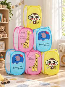 1pc Foldable Mesh Laundry Basket, Cartoon Animal Print, Toy And Dirty Clothes Storage Bin, Nursery Storage Organizer, Bedroom Decor For Boys And Girls - Multicolor - View 1