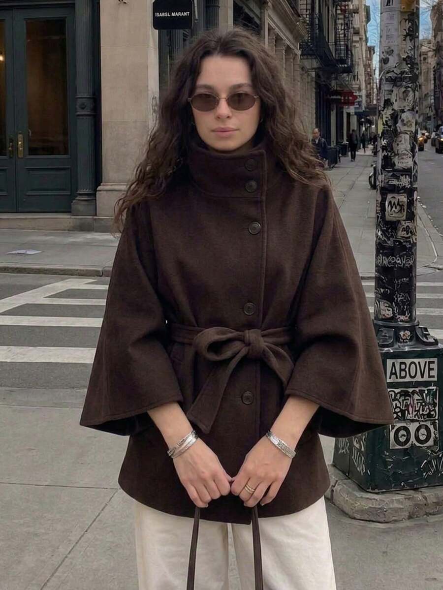 Women's Elegant Vintage Solid Color Fashion Commute Date Tea Party Slim Fit Tie-Up Bell Sleeve Cape Shawl Overcoat - Coffee Brown - View 1