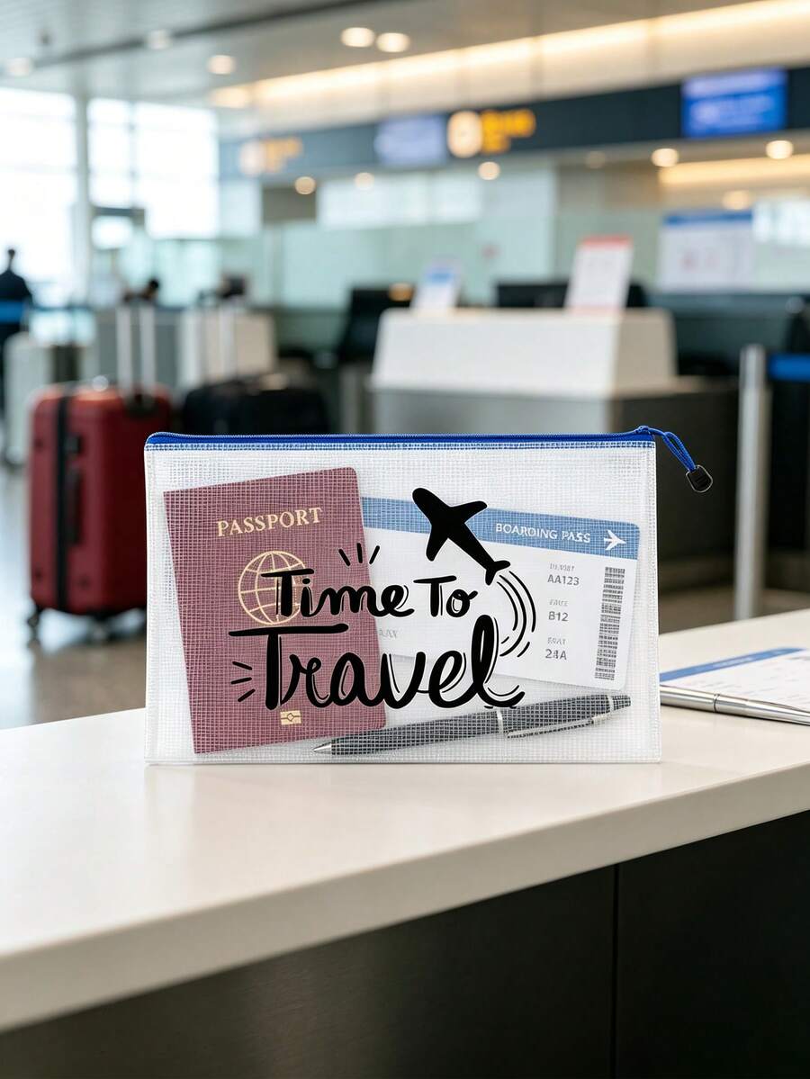 Large Capacity Multi-Function Document Storage Bag, Airplane Theme Mesh Document Storage Bag/Passport Organizer, Portable ID Card Boarding Pass Card Holder Passport Organizer For Travel, Transparent Storage Bag, Holiday Gift, Travel Gift - Multicolor - View 1