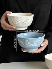 1pc Blue And White Embossed Ribbon Bow Ceramic Bowl, Ins Style Blue And White Bow Dessert Snack Bowl, Exquisite Bow Main Course Bowl, Rice Bowl, Suitable For Restaurant, Living Room, Kitchen, Dessert Shop, Gathering - Multicolor - View 2