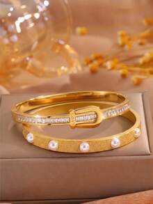 2pcsGolden Tone Stainless Steel Bangle, Dense Paved Zirconia, Elegant Stackable Wrist Ornament - Gold - View 5