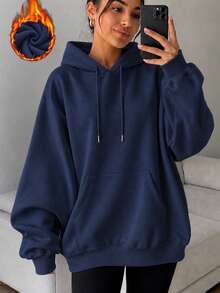 女款秋冬新款寬鬆休閒時尚純色百搭保暖內裡運動衫 - 藏蓝色 - 查看 1