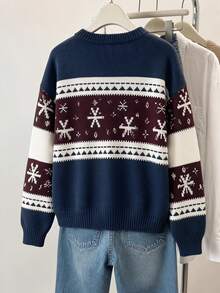 Sweater Rajut Lengan Panjang Motif Salju Musim Dingin Wanita, Pullover Modis Leher Bulat Potongan Reguler, Cocok untuk Dipakai di Musim Gugur - Navy Blue - View 11
