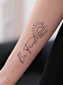 1pc Herbal Temporary Tattoo Sticker, Script "Be Fearless" With Sunrise & Wave Simple Line Pattern, Realistic Fake Tattoo Design, Suitable For Daily Wear, Bachelorette Party Favors, Music Festivals, Game Events, Graduation Gifts, Lasts 7-14 Days - Black - View 4