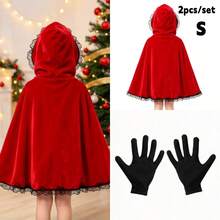 2pcs/Set Kostum Tema Pesta Liburan Little Red Riding Hood Dewasa Jubah Berkerudung Merah dan Sarung Tangan Hitam, Jubah Pendek Berhiaskan Renda Natal Warna Polos Poliester - MultiWarna - View 12