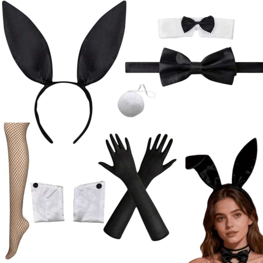 8pcs Costume Set For Women, Rabbit Ear Headband, Gloves, Fluffy Tail, Bowknot, Adult Rabbit Cosplay Accessories, Halloween Easter Party Outfit, Easter Bunny For Adults - Multicolor - View 1
