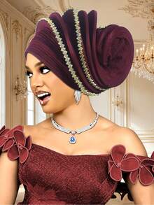 1pc Women Pre-Made Auto Gele Turban Hat, Nigerian Pleated Headtie With Rhinestone Trim, African Flower Bud Head Wrap For Wedding Party Ceremony - A - View 8