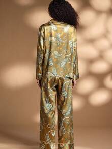 2pcs Women's Lapel Long Sleeve Top And Pants Pajama Set, Cashew Flower Print - Olive Green - View 8