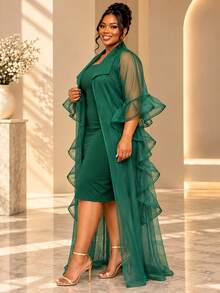 AOMEI Plus Size Women's Dark Green Sheer Shawl 2 Pieces Set Church Dress, Ruffle Flare Sleeve A-Line Skirt, Elegant Formal Wedding Guest Party Outfit - Dark Green - View 5