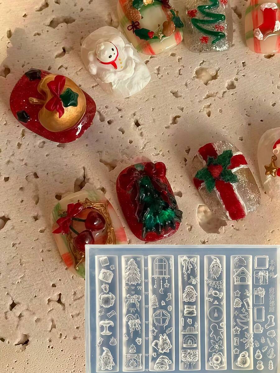 1pc Christmas Nail Art Mold, Christmas Tree, Apple, Gingerbread Man, Snowflake, Chain, Gift Box, Santa Claus 3D Decor DIY Silicone Nail Art Mold - Clear - View 1