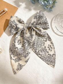 1pc Satin Paisley Bow Ribbon Hair Clip, Daily Wear, Paisley Pattern, Casual, Polyester, All Seasons - Beige - View 2
