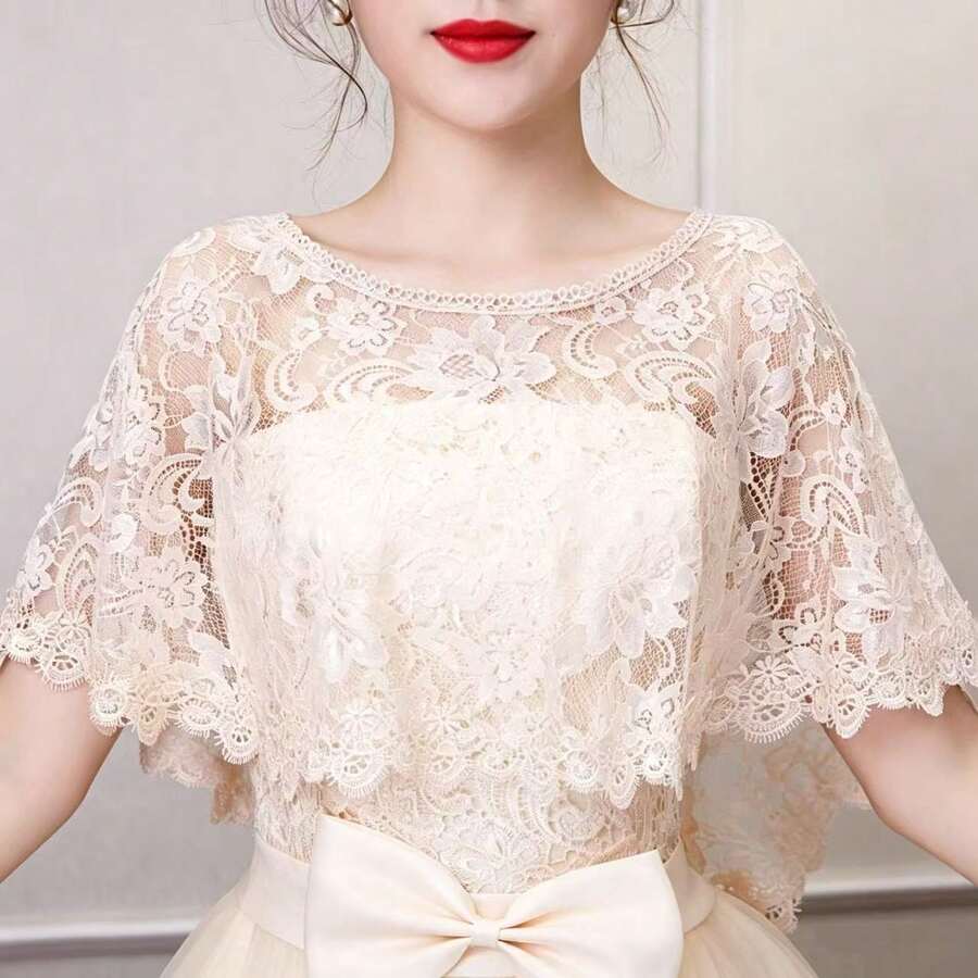 1pc Sexy Elegant Lace Trim Shawl, Suitable For Daily Wear, Party, Wedding Outerwear - Champagne - View 1