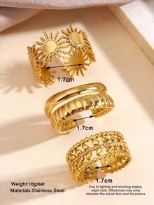 3pcs Stainless Steel Fashionable Sun & Leaf Open Ring Set, Suitable For Women's Daily And Party Wear Jewelry - Gold - View 3