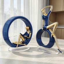 1pc 2D Flat Acrylic Blue & Gold Circle Reading Woman Stand, Luxury Artistic Home Decor For Living Room TV Cabinet, Study Desk, Soft Furnishing, Literary Style Gift - 1PC - View 7