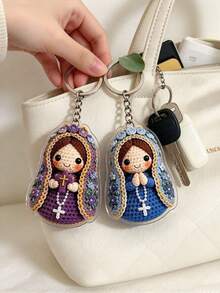 1pc 3D Keychain Pendant, Handmade Crochet Craft Acrylic Dust-Proof Encapsulated, Universal Accessory For Bags, Cars, Backpacks, Cartoon Virgin Mary Design With Floral Border And Cross Element, INS Style Creative Pendant, Personalized Backpack Decoration, Small Gift, Key Storage Wall, Home Decor, Bedroom Decoration - Multicolor - View 6