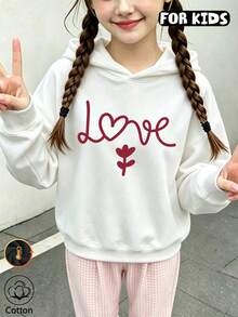 Girls Hooded Sweatshirt, Heart Handwritten Letter & Small Red Flower Graphic Print Long Sleeve Hoodie - White - View 3