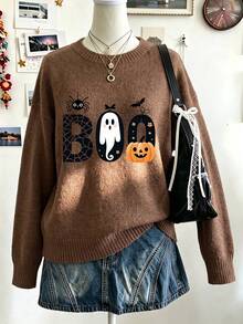 كنزة نسائية كاجوال بأكمام طويلة [هالوين] – طباعة رسومية "BOO" (عنكبوت، يقطين، شبح) – ياقة دائرية – أسلوب بسيط وممتع – مقاس كبير - مغرة داكنة - مشاهدة 10