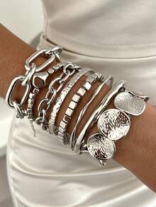 8pcs Multi-Layer Stackable Fashion Minimalist Elegant Exquisite Vintage Design Chain Square Asymmetrical Shape Beaded Round Disc Patchwork Design Embossed Texture Glossy Finish Minimalist Plain Metal Style Exaggerated Chunky Bangles Multi-Piece Set Holiday Vacation Party Date Gift Daily Commute Wear Personalized - Silver - View 6