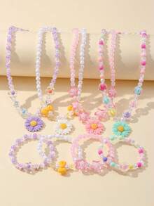 8pcs Kids Jewelry Cute Daisy Charm Colorful Beaded Necklace & Bracelet Set, Suitable For Girls Accessories Daily Party Wear Birthday Gift Random Colors - Multicolor - View 2